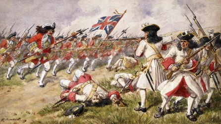 Die Schlacht von Ramillies, das 16. Fußregiment greift die französische Infanterie an, 1900